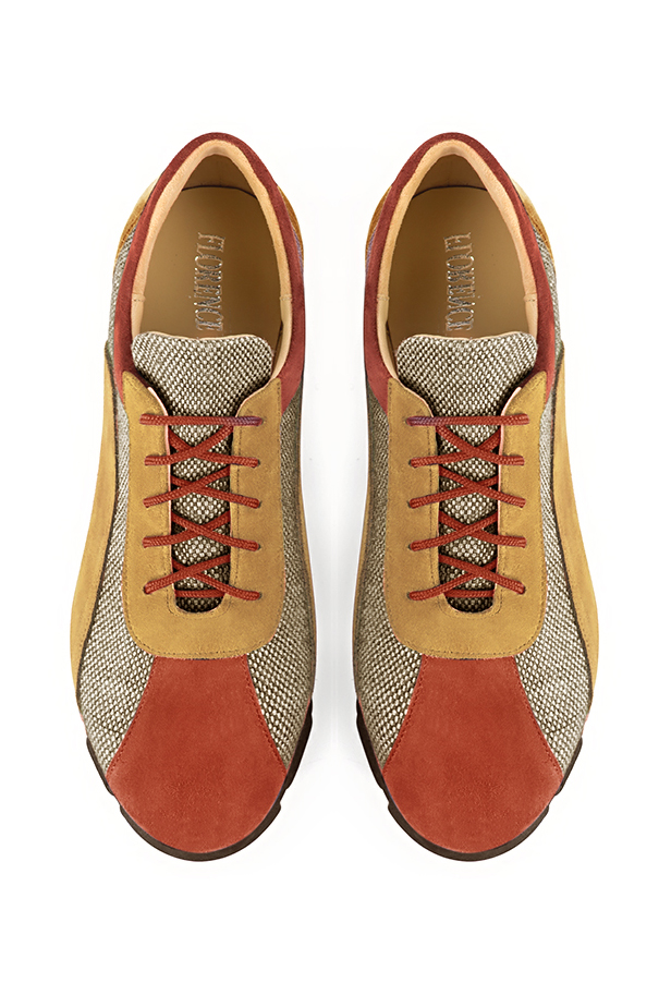 Terracotta orange, natural beige and mustard yellow women's three-tone elegant sneakers. Round toe. Flat rubber soles. Top view - Florence KOOIJMAN